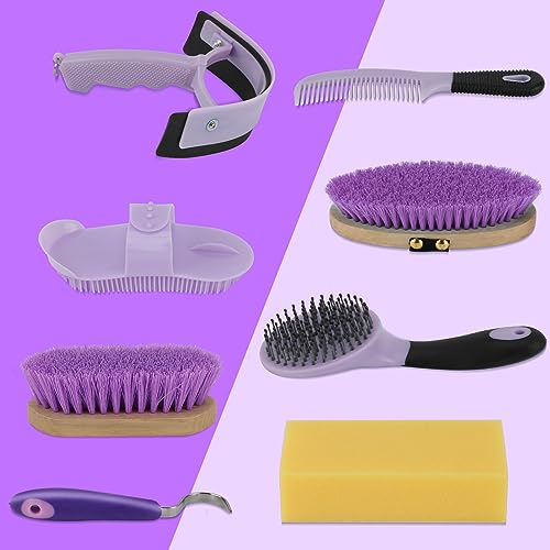 Horse Grooming Kit, 9-Piece Horse Brush Set with Tote Bag, Purple - color: Purple