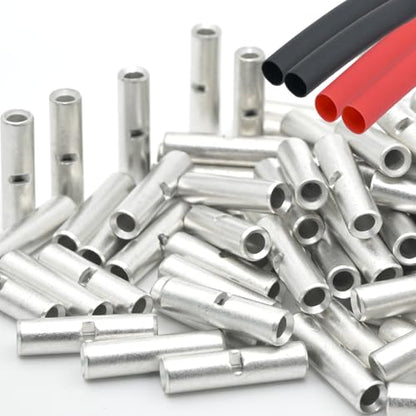 SVAAR 100PCS 16-14 Gauge Non Insulated Butt Connectors 16-14 AWG Uninsulated Butt Splices Tinned Copper Marine Grade Seamless Barrel Crimp Butt Splice Terminals & 100PCS 3:1 Adhesive Lined Heat Shrink - size: 16-14 AWG