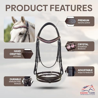 Equine Care English Horse Bridle with Reins, Padded, 6 Browband Styles - color: Havana Brown - Pink Crystal