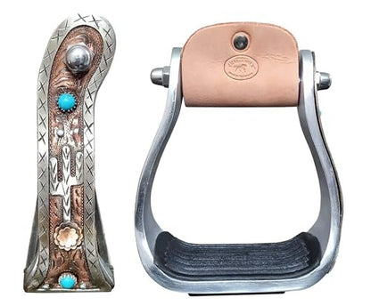 CHALLENGER Western Cactus Turquoise Stone Engraved Barrel Racing Aluminum Saddle Show Stirrups 51254