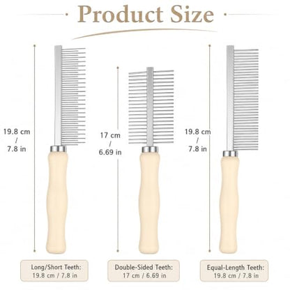 3 Pcs Metal Dog Grooming Comb with Wooden Handle for Grooming Matting | Metal Comb for Dogs Pet Grooming Comb for Dogs and Cats, Prevents Hair Pulling