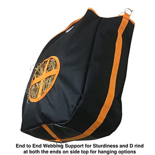 Majestic Ally Nylon Hay Feeder Tote Bag for Horse, Goat, Sheep - Double Sides Open Feed Hole with Faux Leather Ventilated Bottom- Premium Quality -Simulates Grazing - Reduces Waste (Black) - color: Black