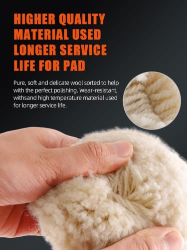SPTA Wool Polishing Pad, 5Pcs 3"(75mm) 100% Natural Wool Buffing Pad with 1Pc Hook&Loop Backing Pad, 1Pc Extension Shank for Drill Polisher Cutting, Car Body Repair Buffing