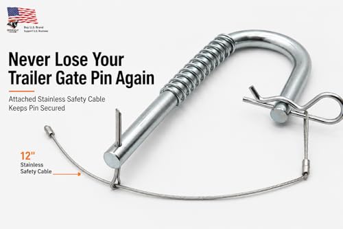 Grizzly Made 2 Pack Trailer Gate Latch Pin, Candy Cane Quick Release Spring Latch with 12" Stainless Steel Safety Cable, 9/16" Gate Pin for Utility Trailer, Farm Gate, Equipment Trailer