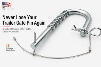 Grizzly Made 2 Pack Trailer Gate Latch Pin, Candy Cane Quick Release Spring Latch with 12" Stainless Steel Safety Cable, 9/16" Gate Pin for Utility Trailer, Farm Gate, Equipment Trailer
