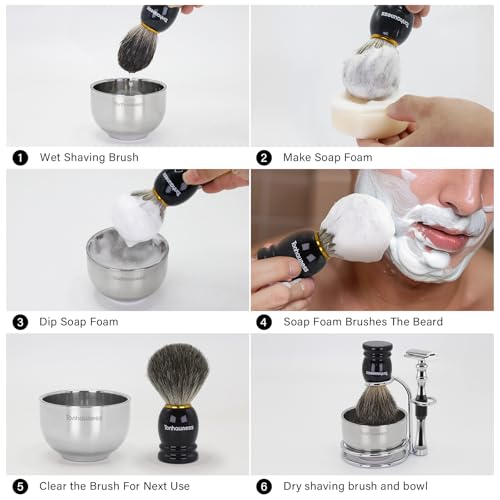 5 In 1 Manual Shaving Kit For Men Includes Badger Hair Shaving Brushes Set, Double Edge Safety Razor, Stainless Steel Shaving Bowl&Stand and Goat Milk Shaving Soap - color: Black Handle