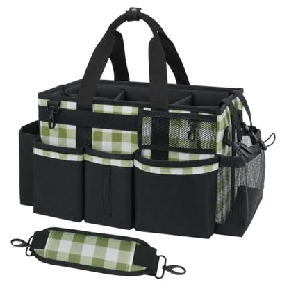 SCAVATA Wearable Cleaning Caddy, Cleaning Caddy Supplies Organizer with Handle & Shoulder Straps for Housekeepers, Under Sink & Car Cleaning Tool Organizers Bag with 4 Foldable Divider (GreenPlaid) - color: GreenPlaid
