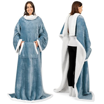 PAVILIA Sherpa Wearable Blanket with Sleeves and Pocket, Plush Thick Cozy Body Blanket Wrap for Adult Women Men, Christmas Gift for Wife Mom, Dusty Blue - color: Dusty Blue