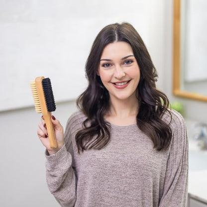 GranNaturals Double Sided Boar Bristle Hair Brush - Soft Hard Finishing & Smoothing Hairbrush for Slick Back to Style, Polish, & Lay Down Hair Flat to Create a Sleek Hairstyle for Bun, Slickback