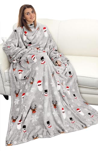 Catalonia Wearable Blanket with Sleeves for Women & Men, Fleece Wrap Throw - color: Santa and Deer Grey