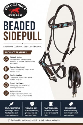 Horse Western Leather Tack Beaded Bitless Sidepull Bridle Reins 77RT17 - color: Brown/Beaded