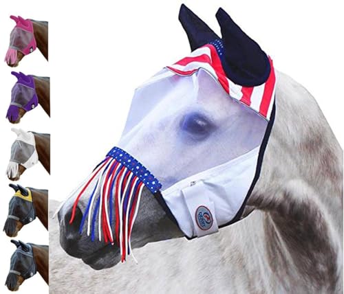Derby Originals Horse Fly Mask with Ears and Nose Fringe, UV Blocking Fine Mesh, USA Stars and Stripes Design, 1 Year Limited Warranty - color: Red/White/Blue, size: Pony (Small)