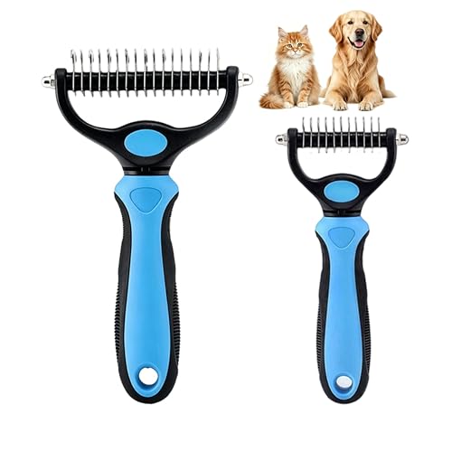 Dematting Comb for Dogs and Cats, Undercoat Rake Pet Brush for Long Hair, Deshedding Dog Brush Removes Tangles Knots and Loose Fur, Grooming Tool for Thick Coats (Blue M+L) - color: Blue M+L