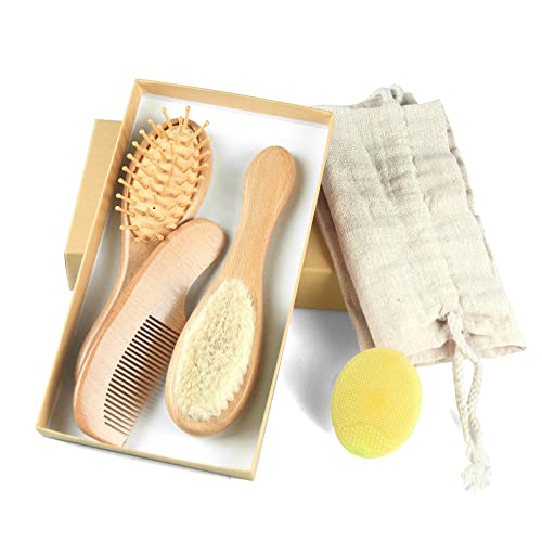 Elfzone Baby Hair Brush Comb Set 4PCS Wooden Bristle Cradle Cap Brush Gift | wooden brush set, soft goat bristle hair brush, silicone cradle cap brush, beech handle comb, ideal gift