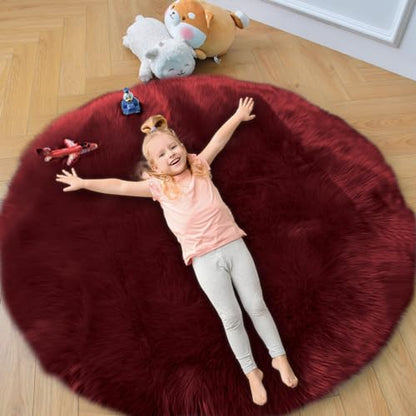 duduta Burgundy Faux Fur Sheepskin Round Rug 4x4 ft, Fluffy Shag Circle Rug - color: Burgundy, size: 4' x 4'