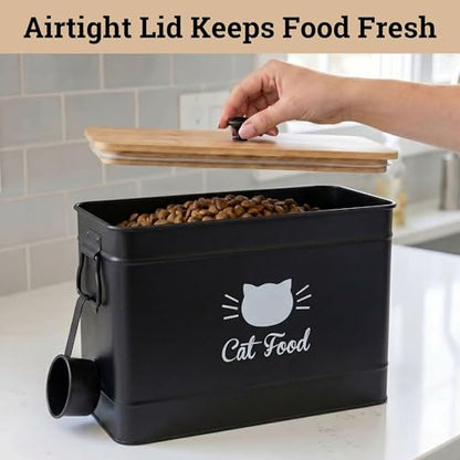 Metal Cat Food Container with Scoop, 15lb (50 Cup) w/ Airtight Bamboo Lid - color: Black