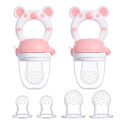 JOCHEBED Baby Fruit Food Feeder Pacifier, Silicone Teething Relief Toy, 2-Pack with 6 BPA-Free Pouches, Light Pink, 3-24 Months - color: Light Pink