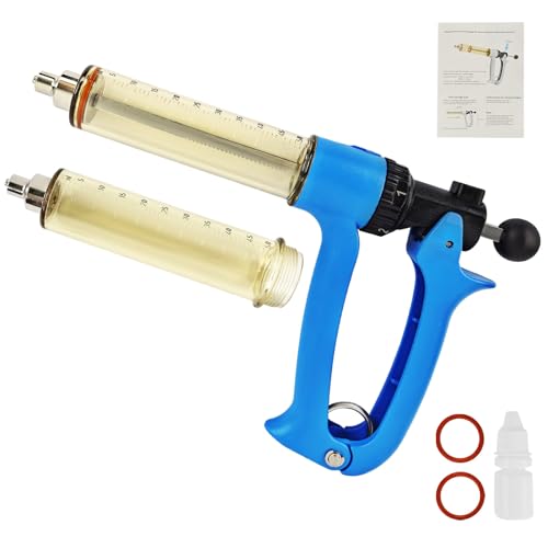 50ML Semi Automatic Livestock Syringe for Cow Goat Cattle Sheep Pig, 5 Gears Adjustable Continuous Repeating Injection, Veterinary Cattle Vaccine Luer Lock Syringe with 2 Tubes - size: 2-Tube 50ml