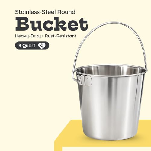 9 quart Heavy Duty Stainless Steel Round Bucket with Handle | 2.25 gal Sturdy Food & Water Bowl for XL Dog Goat sheep Horse & Livestock | Fits kennel Crate Farm | Hanging Utility Pet Pail - size: 9 Quarts
