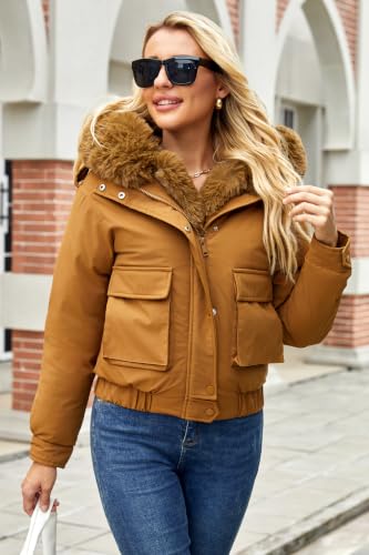 Winter Coats for Women Thickened Puffer Jacket with Detachable Fur Hood Winter Warm Parka Puffer Coat - color: Coffee, size: Small