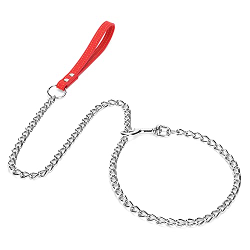 SGODA Chain Dog Leash with Leather Handle 4 Feet Red - color: Red