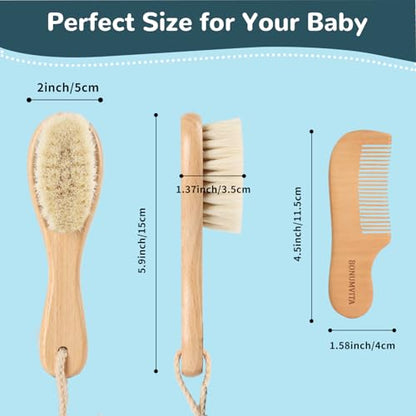 BOMUMVITA Baby Hair Brush and Comb Set with Soft Goat Bristle | Wood Baby Hair Brush Set for Newborns & Toddlers, Good for Cradle Cap, Boy, Girl Bath Essential