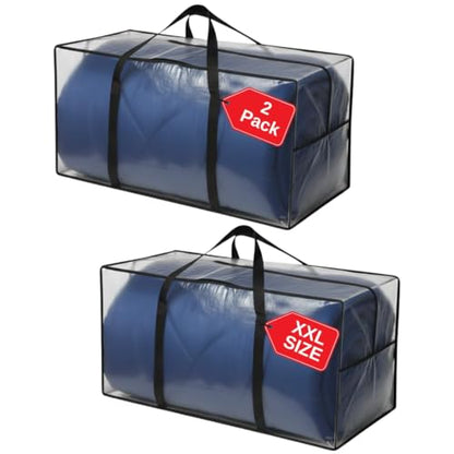 68.5 GAL 2 Pack XXL Jumbo Extra Large Heavy Duty Stronger Handles Storage Bags Moving Totes Zippered Reusable Wrap Around Handle Storage Totes (Translucent/Semi-Transparent)