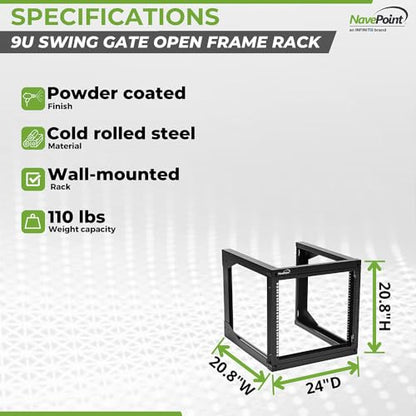 NavePoint 9U Server Rack with Swing Gate - Wall Mount Rack for 19 Inch IT & AV Equipment - 24' Deep, Black - size: 9U - 24in Deep