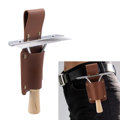 Leather Show Comb Holder and Mini Fluffer Comb Set, Livestock Show Comb Grooming Tool Holder with Metal Comb for Horse, Cattle, Dog, Cat, Goat