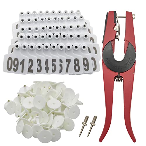 Cattle Ear Tags 001-100, 100Pcs Plastic Livestock Ear Tag for Cows Goats Sheep Pigs with Pliers Applicator & 2 Pins, Animal ID Tags for Ranch Farm Herd Tracking, Laser Print (001-100, White) - color: White