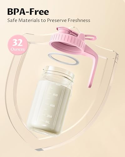 32oz Mason Jar Pitcher, Glass Breast Milk Pitcher with Lid - color: Pink, size: 32 Ounces