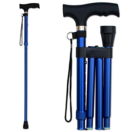 RMS Folding Cane, Adjustable, Lightweight Offset Walking Cane | Aluminum Collapsible Walking Stick with Ergonomic Derby Handle, cane folds for travel and storage - color: Blue