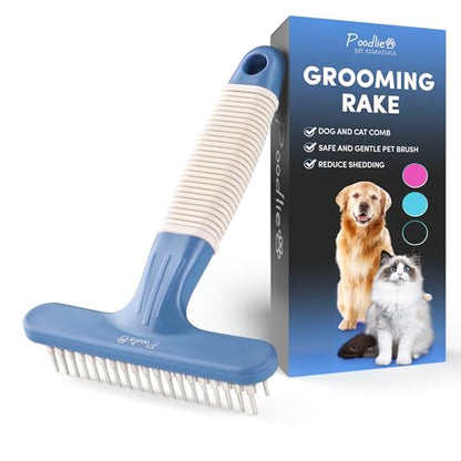 POODLIE Poodle Pet Dog Grooming Rake | Dematting Tool with Stainless Steel Shedding Comb for Pets | 2 Rows of Pins Gently Remove Loose or Tangled Hair from Undercoat (Blue) - color: Blue