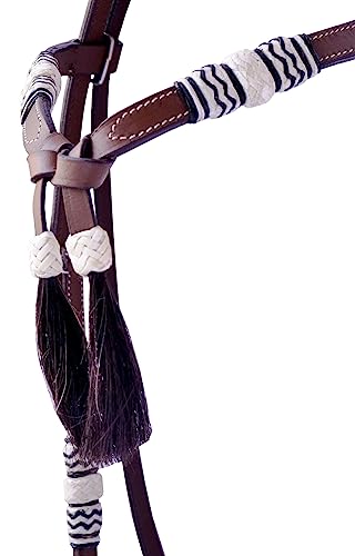 Western Horse Headstall Standard Size – Adjustable Hand Braided Genuine Leather Bridle with White Rawhide Futurity Knot Natural Hair Tassels Bridle, Western Riding Tack, Tan Color Leather (Full Size) - size: Full