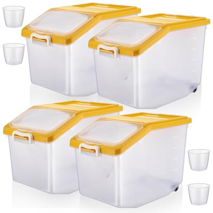 Sunnyray 4 Pcs Rice Storage Container Bulk 27.6 lb Airtight Flour Container with Wheels and Lids Measuring Cup Clear Pet Food Dog Birds Cat Food Bin Grain Cereal Organizer Box(Yellow) - color: Yellow