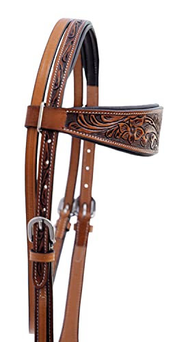 Majestic Ally Horse Headstall, Natural, Super Leather, Antique, Tooling, Quick Bit Change Padded Western Browband Headstall - color: Natural