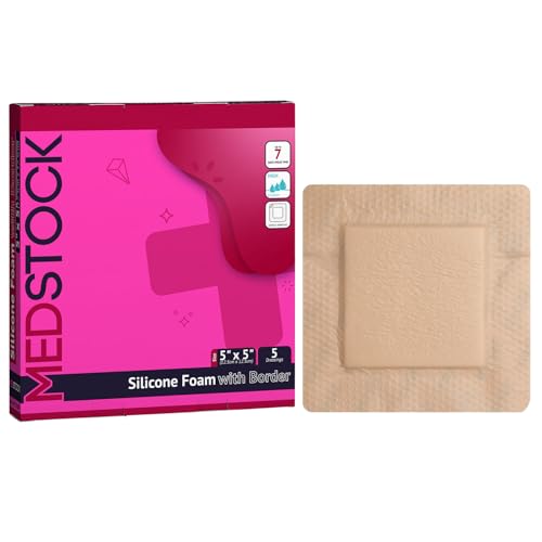 MEDSTOCK Silicone Foam Dressing with Border, 5"x5" (Pack of 5), Wound Care, Super Absorbent, Atraumatic Removal, Five Layers, Waterproof, Seals Wound Edges, No Adhesion Loss - size: 5"x5" (Pack of 5)