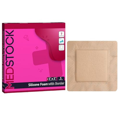 MEDSTOCK Silicone Foam Dressing with Border, 5"x5" (Pack of 5), Wound Care, Super Absorbent, Atraumatic Removal, Five Layers, Waterproof, Seals Wound Edges, No Adhesion Loss - size: 5"x5" (Pack of 5)