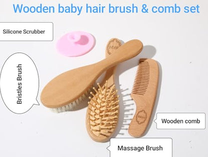 BRH 4 Piece Wooden Baby Hair Brush and Comb Set, Wooden Baby Care Kit with Soft Goat Bristle Brush,Baby Massage Brush, Baby Essentials Girl –Baby Hair Care Set for Newborn boy & Girls