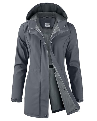 iCreek Women's Waterproof Softshell Rain Jacket Fleece Lined Hood Long Coat - color: Dark Grey, size: Large