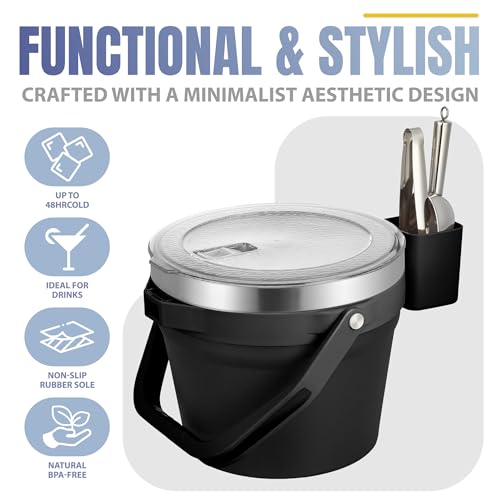 COKTIK 7L Vacuum Insulated Ice Bucket with Lid and Scoop& Tongs，Large capacity Stainless Steel Beverage Bucket for Cocktail, Champagne, Wine, Beer，Large Parties（Carbon Black Suit） - color: Carbon Black Suit