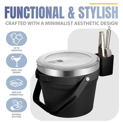 COKTIK 7L Vacuum Insulated Ice Bucket with Lid and Scoop& Tongs，Large capacity Stainless Steel Beverage Bucket for Cocktail, Champagne, Wine, Beer，Large Parties（Carbon Black Suit） - color: Carbon Black Suit