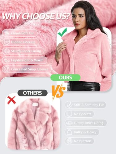 Women's Cropped Faux Fur Jacket with Hidden Pockets and Buttons Plush Shawl Collar Cardigan Sexy Coat - color: Hot Pink, size: Large