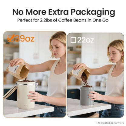 Veken Coffee Canister,39OZ, 2.2lbs,Large Airtight Stainless Steel Container - color: Cream, size: 39 oz