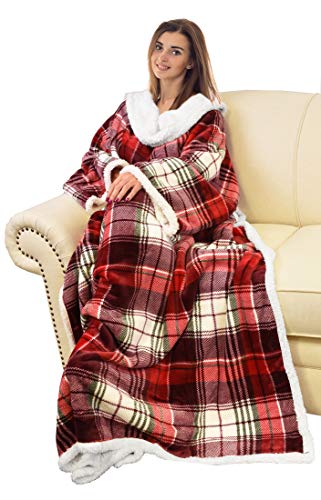 Catalonia Sherpa Wearable Blanket with Sleeves and Pocket for Adults - color: Red Plaid, size: Standard Pocket
