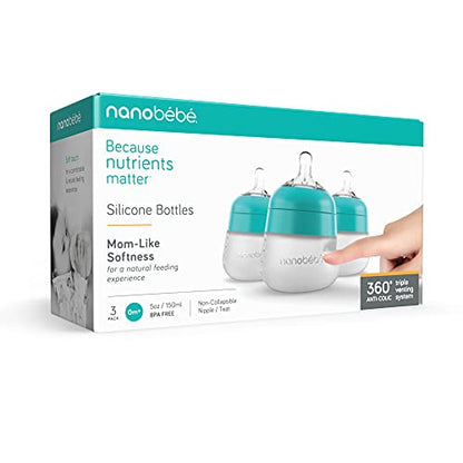 Nanobebe Flexy Silicone Baby Bottle, Anti-Colic, Natural Feel, Non-Collapsing Nipple, Non-Tip Stable Base, Easy to Clean 3-Pack, Teal, 5 oz - color: Teal, style: 5 Ounce 3-Pack