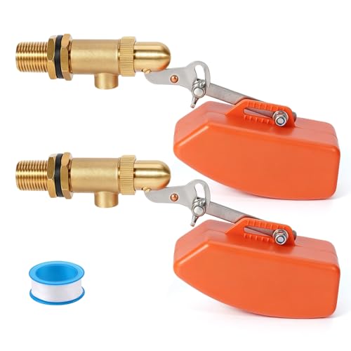 2 Pack Brass Float Valve 1/2 Inch, Auto Fill and Shut off, No Leakage | Water Float Ball Valve with Adjustable Arm, Pool Fill Float Valve for Water Trough,Fountains,Water Tank,Ponds,Aquariums - color: 1/2 in Orange