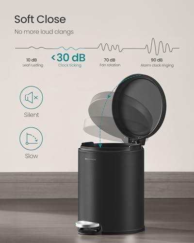 SONGMICS Bathroom Trash Can, Soft-Close, 1.6 Gallon (6 L), Stainless Steel - color: Ink Black