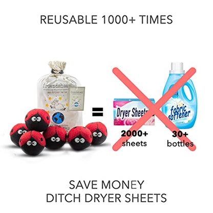 Friendsheep Wool Dryer Balls, Organic Reusable Fabric Softener Alternative for Laundry, Handmade, Fair Trade, Hypoallergenic, Eco-Friendly, Plastic-Free (6 Pack XL – Ladybugs) | Reusable fabric softener alternative Organic wool, handmade, fair trade, hypo