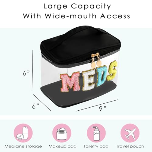 uekeboag Chenille Letter MEDS Clear Medicine Makeup Bag(04Black) | Personalized Transparent Large Waterproof Nylon Cosmetic Storage bag with Top Handle, Meds First Aid Travel Organizer Bag - color: 04Black-Meds